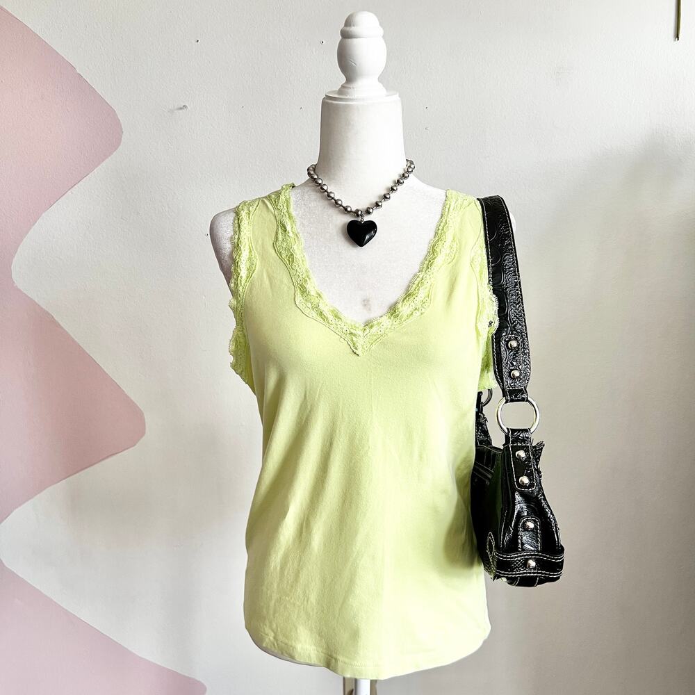 Lime Green‎ Lace Trim Tank Top, Y2K Summer Festival Coquette 2000s Retro Large